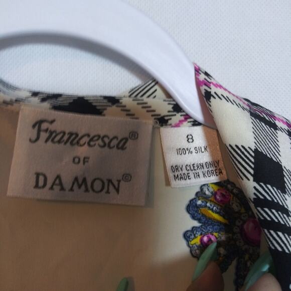 Francesca of Damon Vintage 80s Silk Plaid Pocket Watch Print Chic Preppy Size 8 - Picture 4 of 10